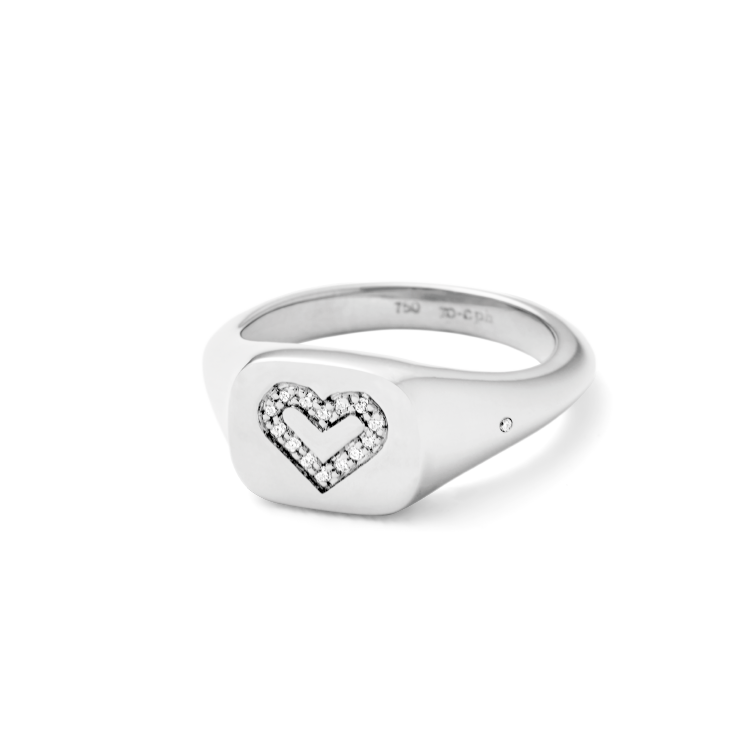 Signet Heart Diamond Solid Ring - 18kt White Gold