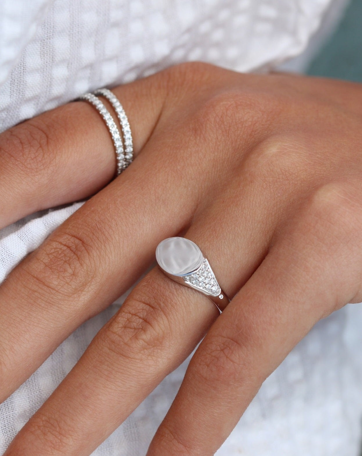 Signet Diamond Solid Ring - 18kt White Gold