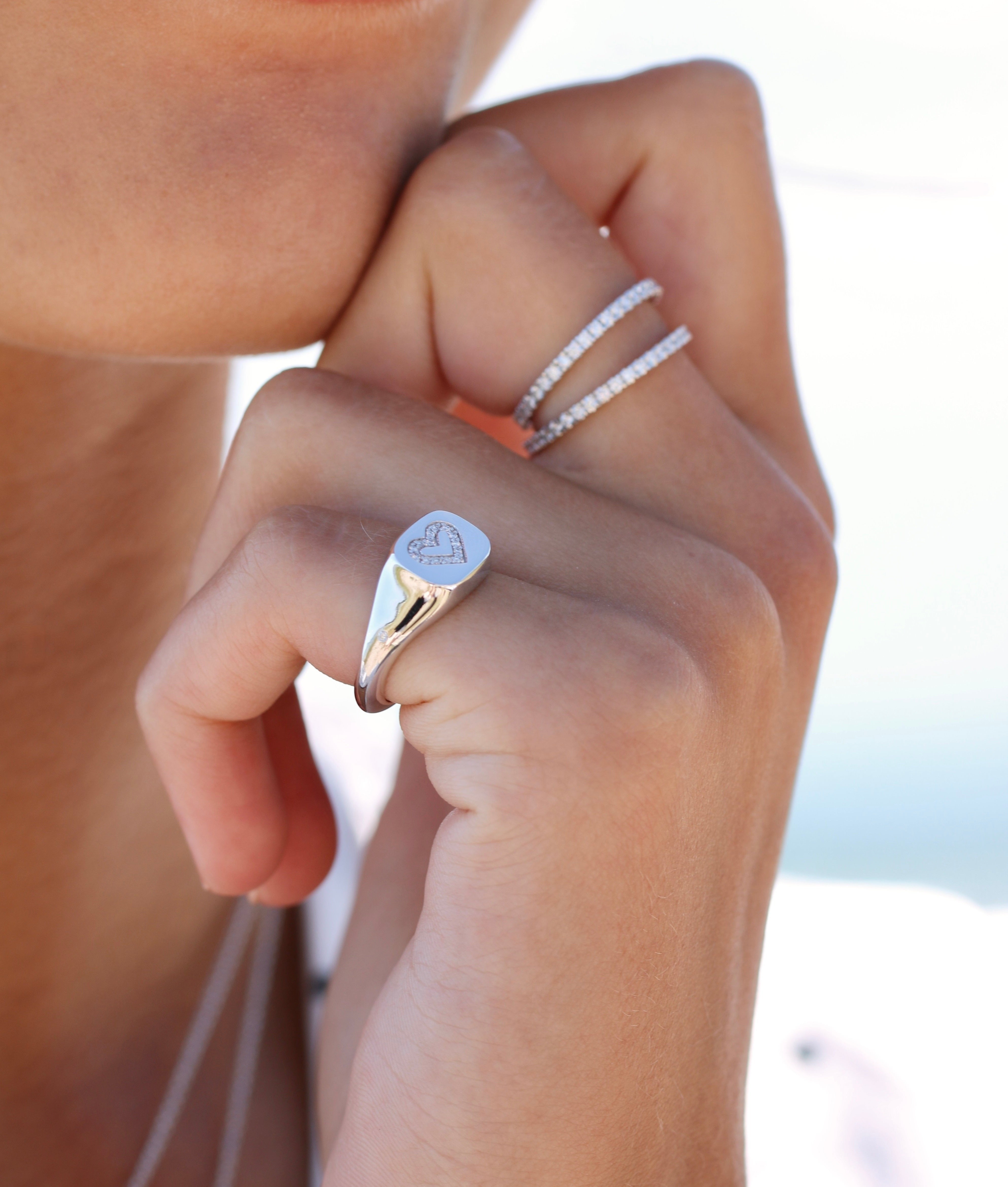 Signet Heart Diamond Solid Ring - 18kt White Gold