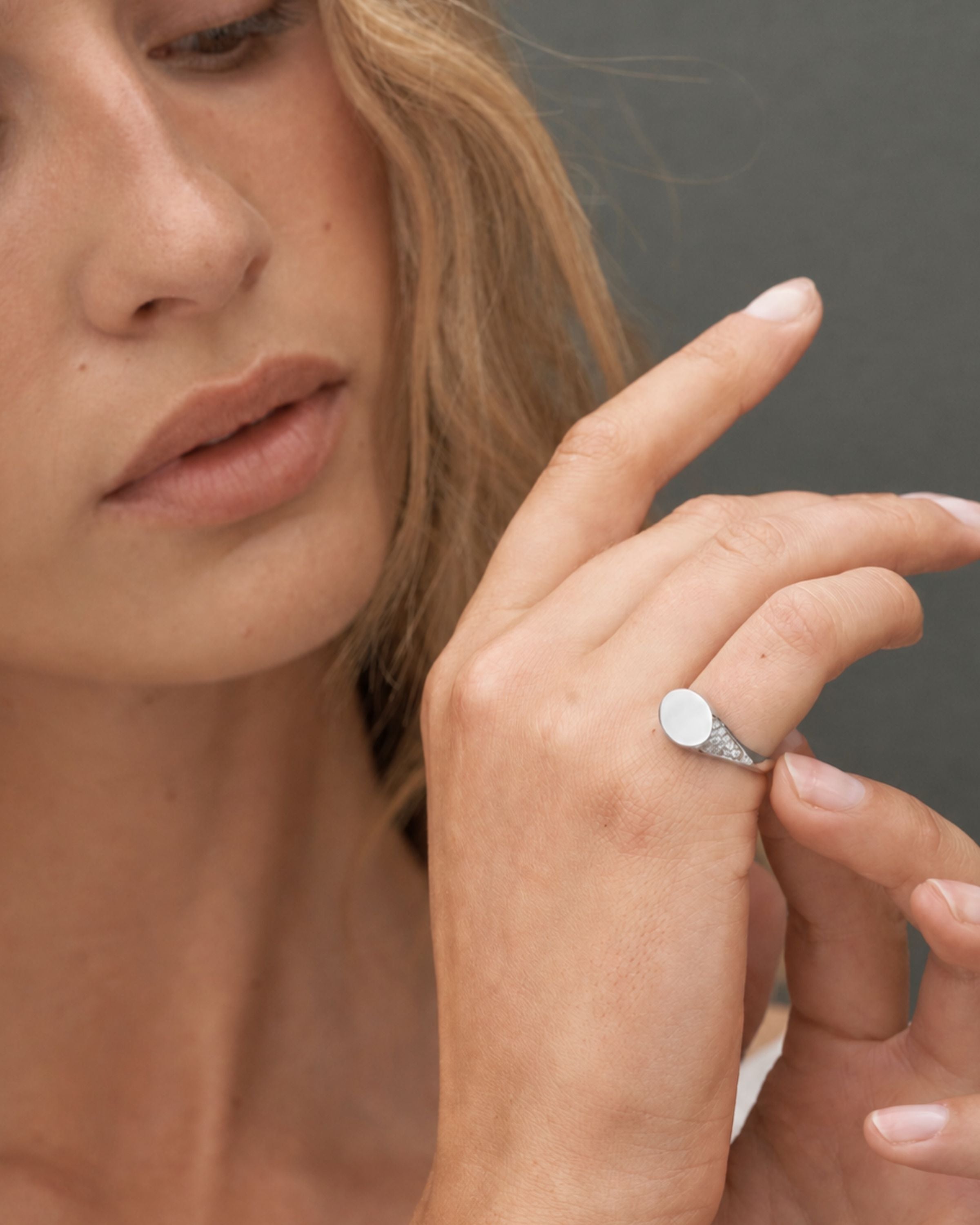 Signet Diamond Solid Ring - 18kt White Gold