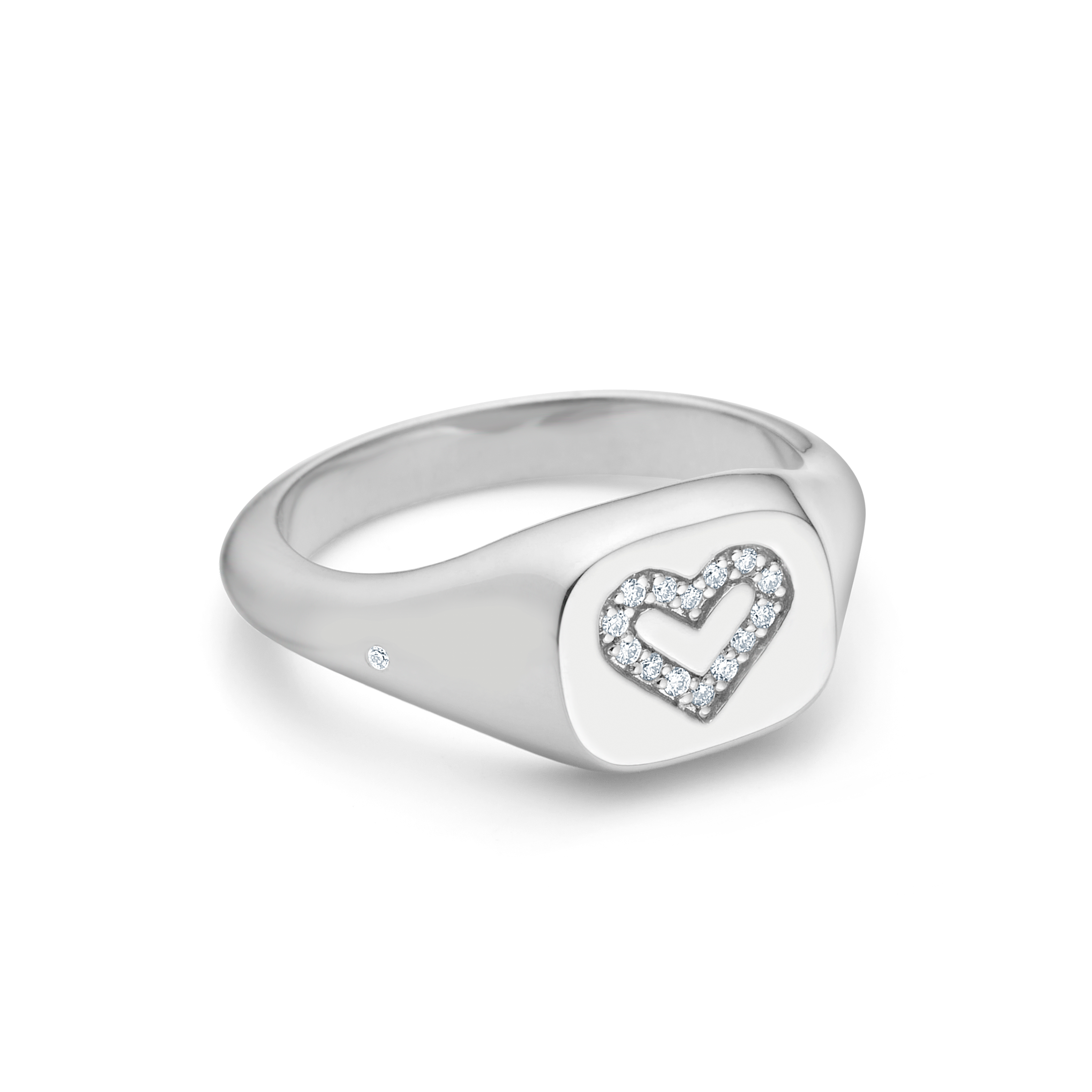 Signet Heart Diamond Solid Ring - 18kt White Gold