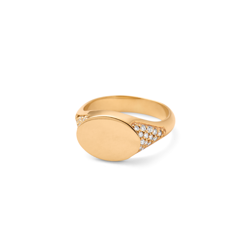 Rock Diamond Signet Ring with Back - 18kt Yellow Gold