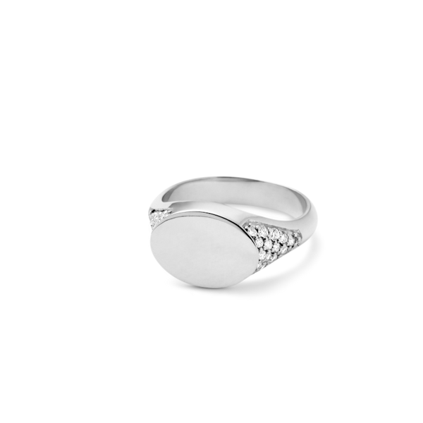 Rock Diamond Signet Ring with Back - 18kt White Gold