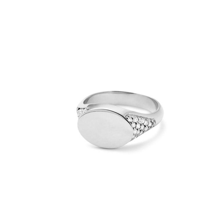 Rock Diamond Signet Ring with Back - 18kt White Gold