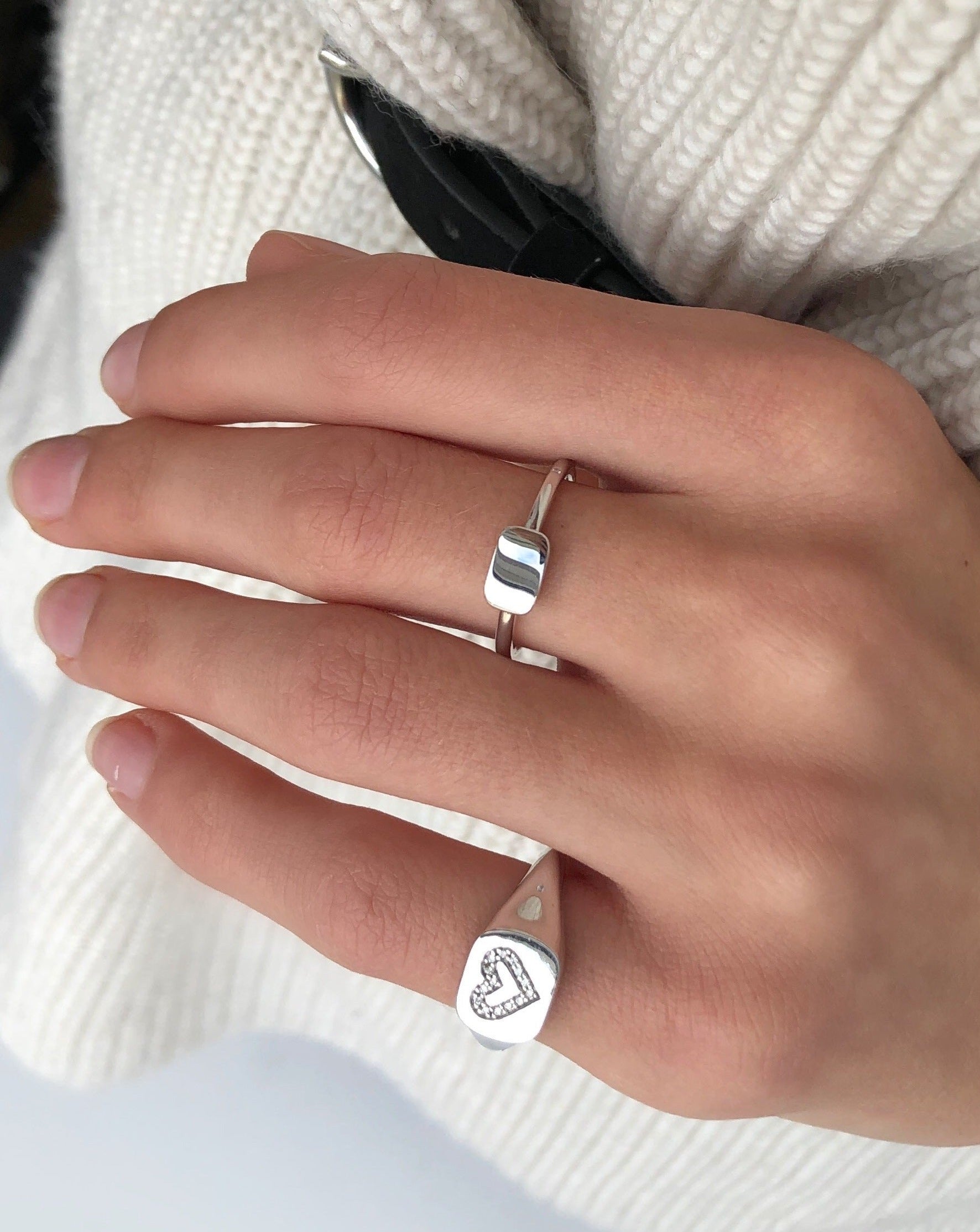 Signet Heart Diamond Solid Ring - 18kt White Gold